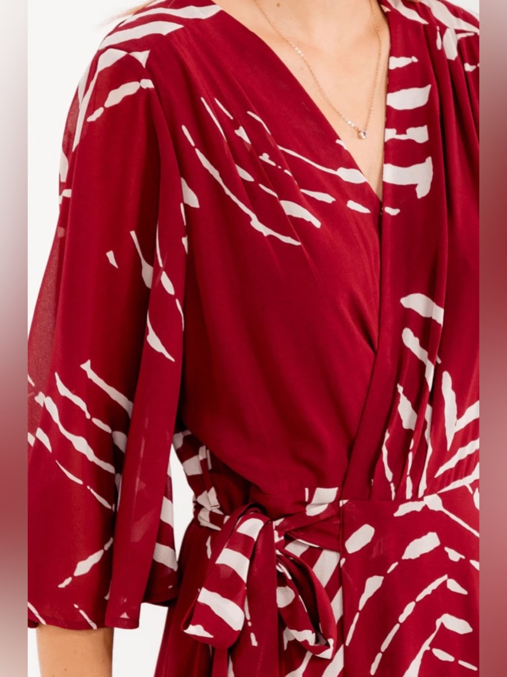 Red Abstract Print Wrap Midi Dress with Tie Waist and Flowy Sleeves - Picture 2 of 7